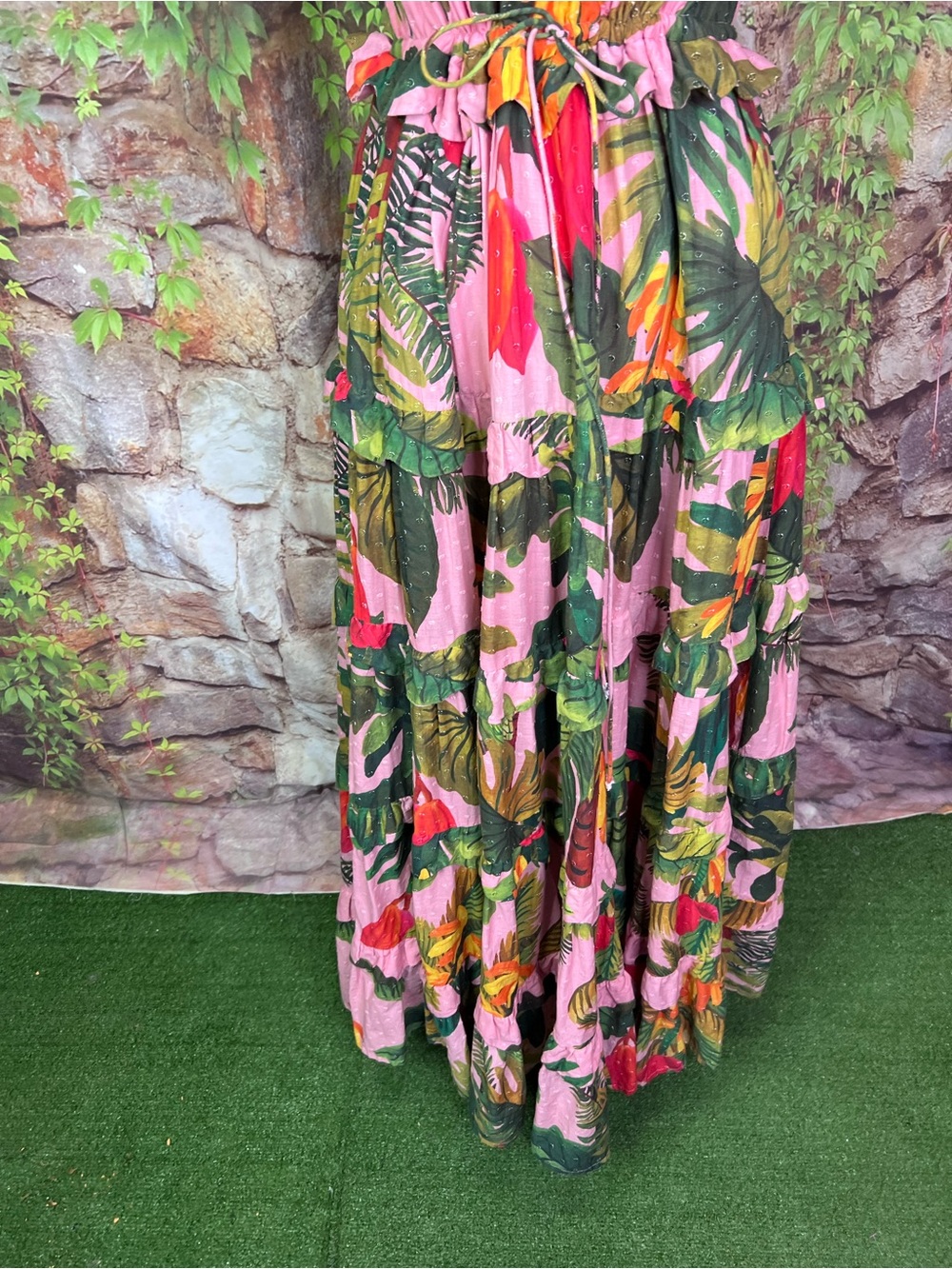 FARM RIO Pink Cocoa Forest Botanical Resortwear Tiered Maxi Dress, L - Picture 4 of 13